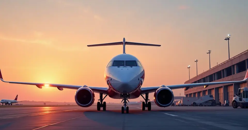 Avião regional moderno estacionado em aeroporto brasileiro ao entardecer 