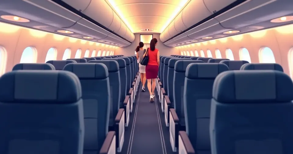 Cabine de avião regional com fileiras 2-2 e poltronas sem assento do meio 