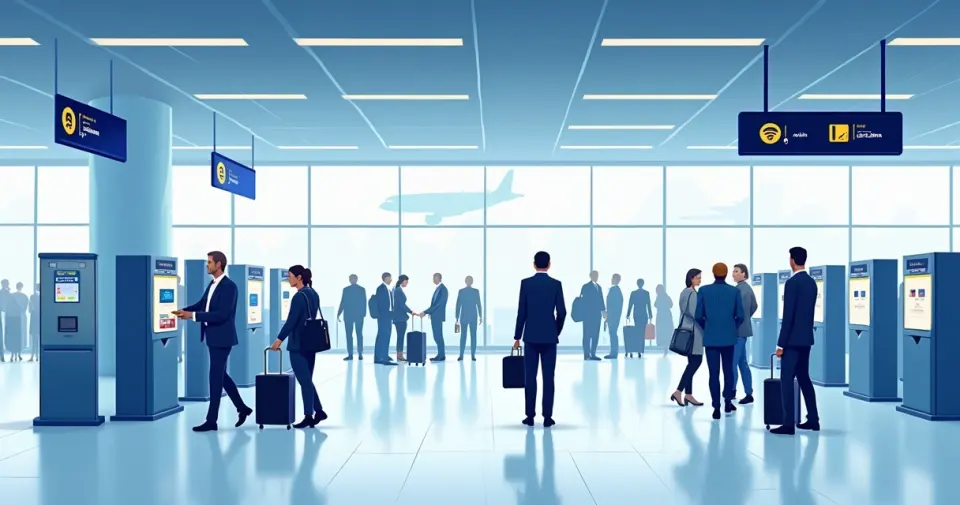 Quiosques de controle biométrico em aeroporto europeu com filas moderadas