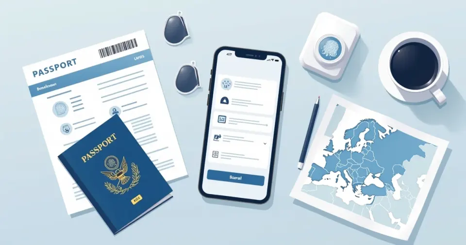 Passaporte, cartão de embarque e celular com alerta de viagem