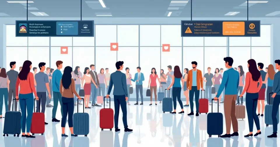 Fila de imigração no aeroporto dos EUA durante evento internacional 