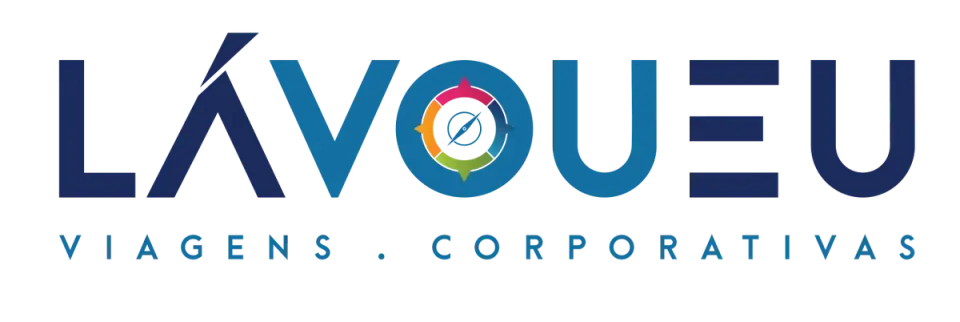 Logotipo da La Vou Eu Viagens Corporativas com texto em azul e símbolo colorido central