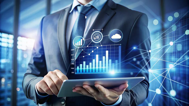 Gestor analisando gráficos de viagens corporativas no tablet
