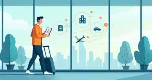 Ilustração corporativa de aplicativo de viagens conectando opções de voo, hotel e carro