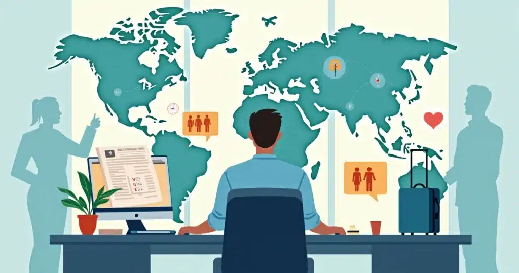 Agente de viagens em mesa de trabalho moderna planejando roteiros personalizados