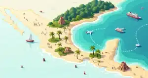 Ilustração colorida de mapa estilizado do Caribe mexicano com il emar turquesa e atividades de viagem