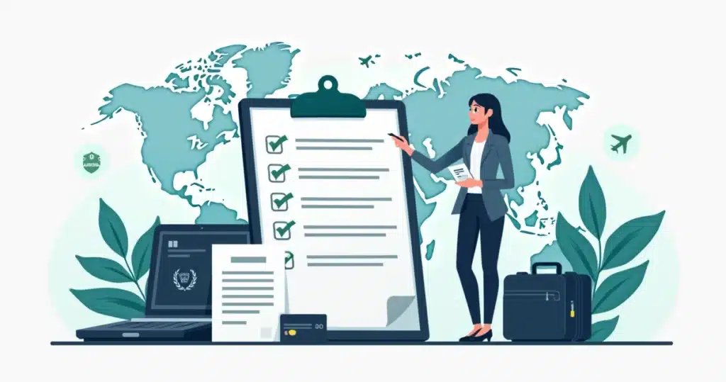 Consultor conferindo checklist de documentos de viagem corporativa na passagem aérea e passaporte
