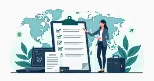 Consultor conferindo checklist de documentos de viagem corporativa na passagem aérea e passaporte