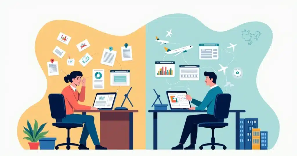 Ilustração de comparativo visual entre gestão interna e agência de viagens corporativas