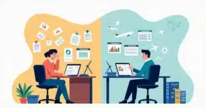 Ilustração de comparativo visual entre gestão interna e agência de viagens corporativas