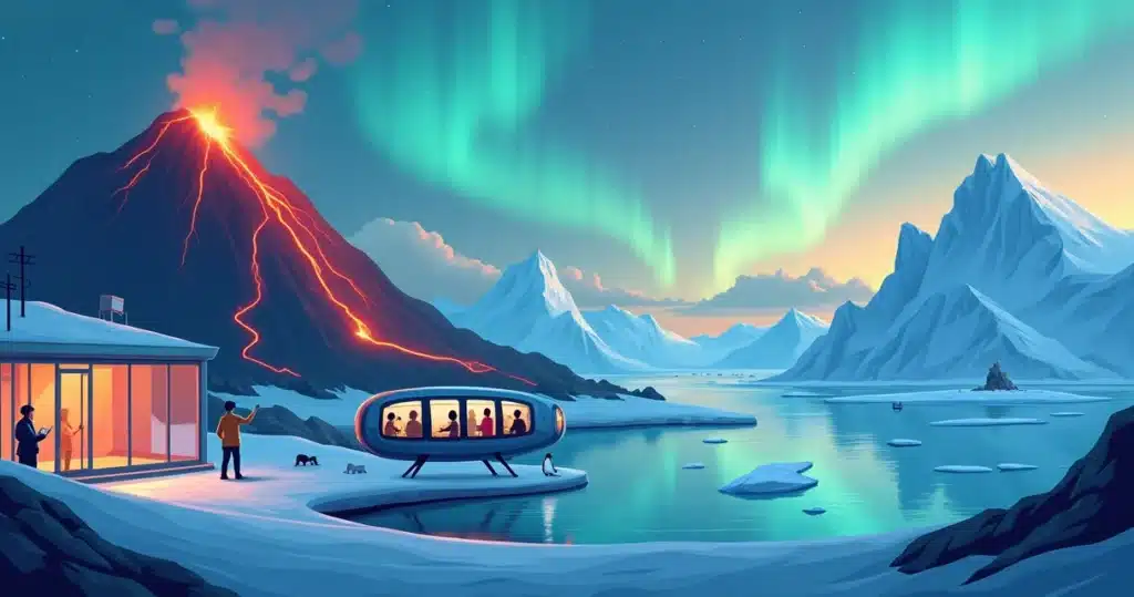 Ilustração de viajantes em expedição sobrevoando cenário ártico com fogo e gelo