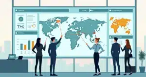 Equipe acompanhando painel de gestão de viagens corporativas com gráficos de economia e rotas