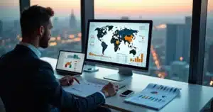 Executivo analisa relatórios de viagens em computador com mapas e gráficos na tela
