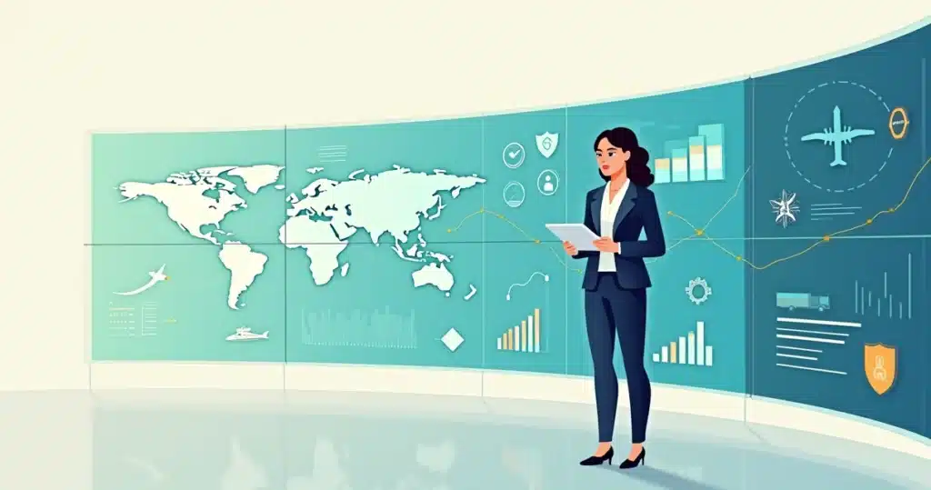 Gestora de viagens corporativas monitorando painel data driven em sala de controle moderna
