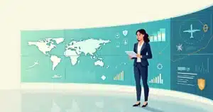 Gestora de viagens corporativas monitorando painel data driven em sala de controle moderna
