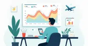 Gestor de viagens analisando gráfico de preços de passagens aéreas em painel digital.