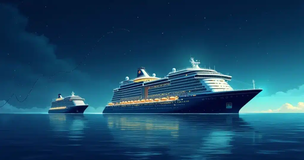 Mega navio de cruzeiro iluminado junto a outro navio menor em mar calmo à noite