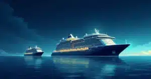 Mega navio de cruzeiro iluminado junto a outro navio menor em mar calmo à noite