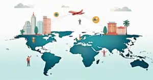 Ilustração corporativa de mãos apertando entre São Paulo e Miami conectados por avião