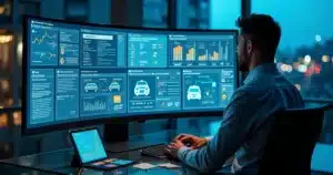 Executivo olhando painel digital com opções de transporte corporativo