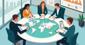 Equipe corporativa organizando rota de viagens em grande mapa sobre a mesa