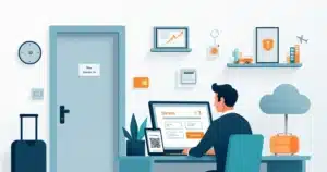 Viajante usando laptop para fazer pré-check-in FNRH digital em quarto de hotel