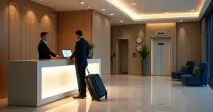 Executivo na recepção de hotel moderno conferindo detalhes com a recepcionista