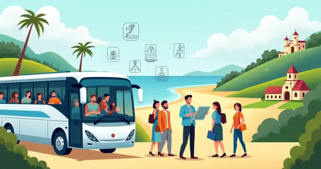 Guia de turismo recepcionando grupo de viajantes em destino brasileiro