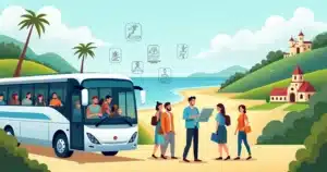 Guia de turismo recepcionando grupo de viajantes em destino brasileiro