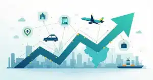Gráfico crescente ligado a ícones de turismo corporativo e economia brasileira
