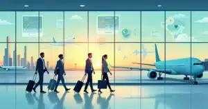 Time de negócios embarcando em aeroporto moderno com ícones de tecnologia e dados
