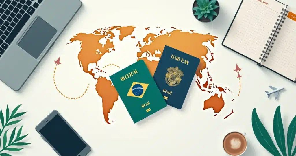 Passaportes do Brasil e da Índia com carimbo de visto de 10 anos e mapa na mesa