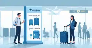 Ilustração de balcão de check-in mostrando comparação entre item pessoal e mala de mão na Aerolíneas Argentinas