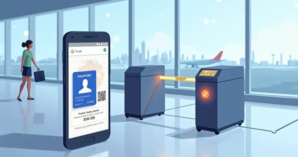 Tela de celular exibindo passaporte digital ao lado de carimbo eletrônico de fronteira