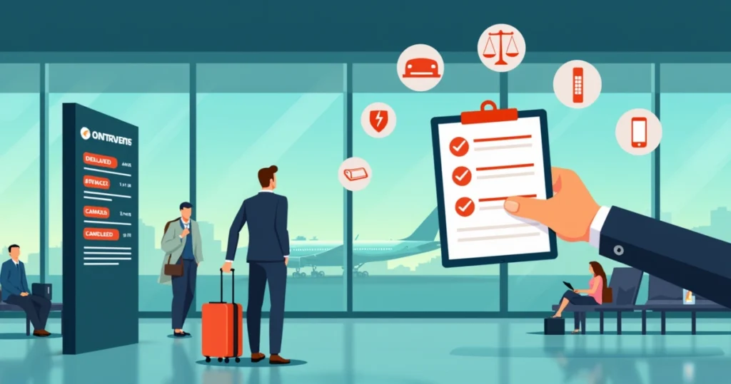 Passageiro observando painel de voo atrasado com ícones de direitos e assistência