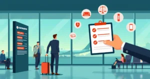 Passageiro observando painel de voo atrasado com ícones de direitos e assistência