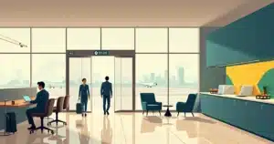 Ilustração de lounge VIP de aeroporto moderno no Brasil com área de negócios e descanso