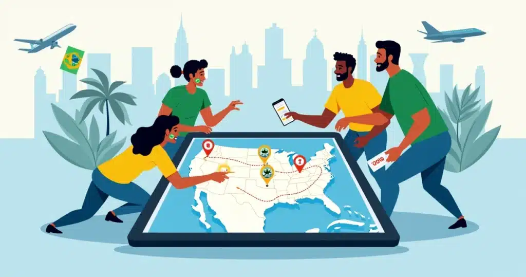 Torcedores brasileiros planejando viagem para a Copa 2026 em mapa dos EUA