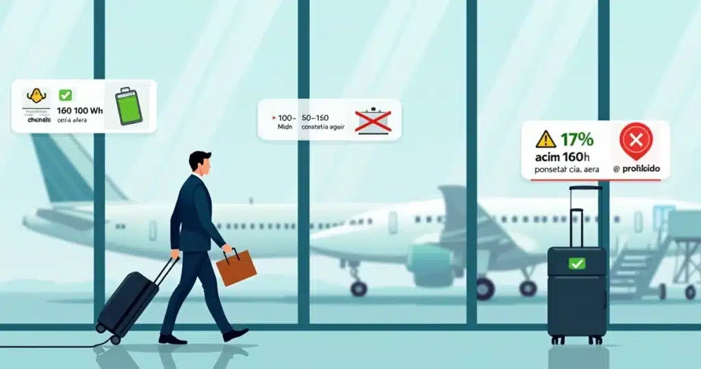 Ilustração de passageiro segurando power bank ao embarcar em avião com ícones de segurança