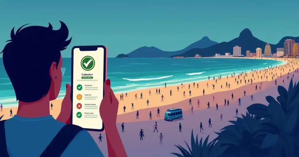 Ilustração de viajante checando fornecedores turísticos no Cadastur durante evento em Copacabana