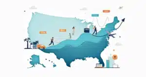 Ilustração de mapa dos Estados Unidos com gráficos de turismo crescendo até 2027