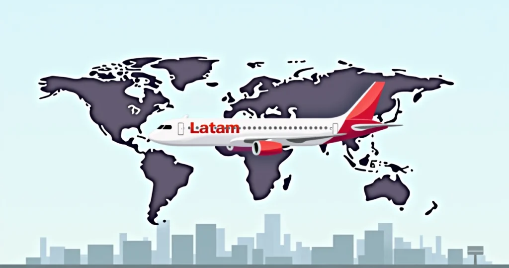 Avião corporativo da Latam voando com ícones de combustível e estabilidade