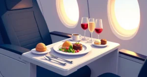 Ilustração de refeição premium da Air France servida em bandeja elegante na cabine do avião