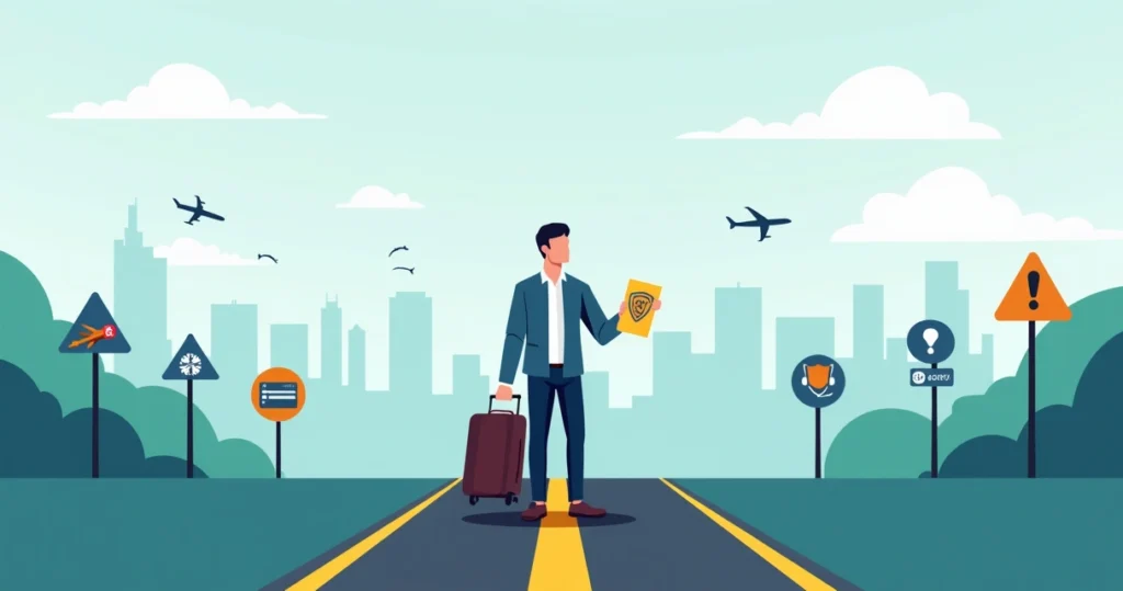Viajante diante de dois caminhos representando viajar com e sem seguro