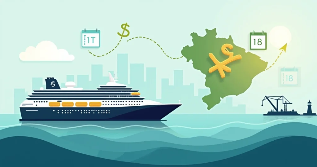 Navio de cruzeiro ao lado de símbolo do dólar e mapa do Brasil