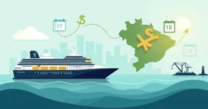 Navio de cruzeiro ao lado de símbolo do dólar e mapa do Brasil