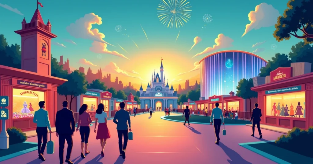 Entrada estilizada do Hollywood Studios com foco em novas atrações de animação da Disney