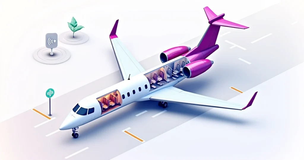Ilustração de avião Embraer da Latam visto de cima com interiores em padrão 2-2 destacados