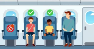 Família sentada junta em assentos de avião com símbolo de proibição de taxa