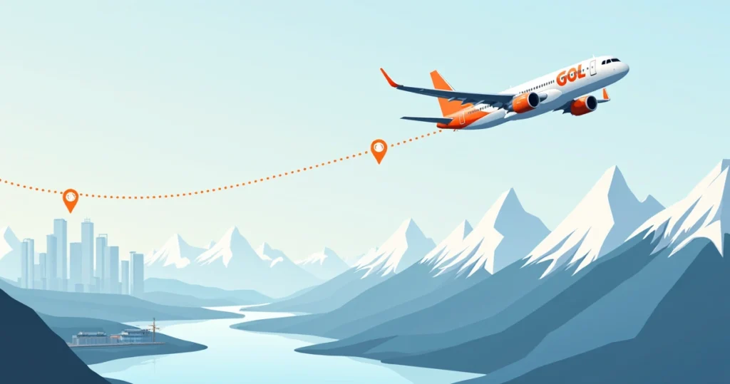Ilustração de avião voando sobre paisagem de montanhas nevadas rumo a Ushuaia